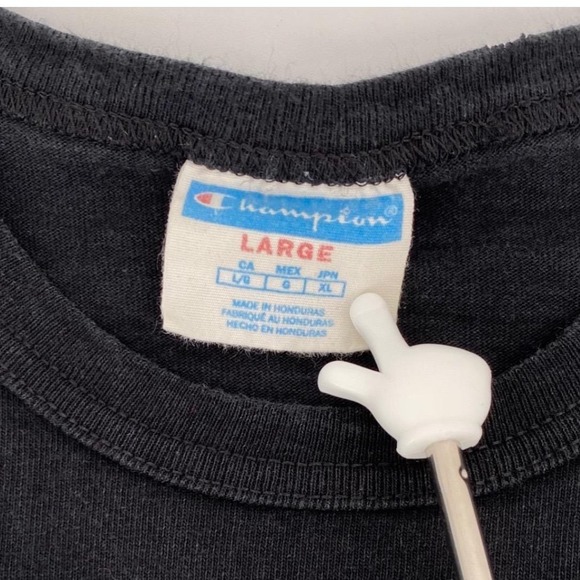 Vintage Y2K Champion Streetwear T-Shirt L Faded Distressed Patch Logo Tee Black - Picture 5 of 6